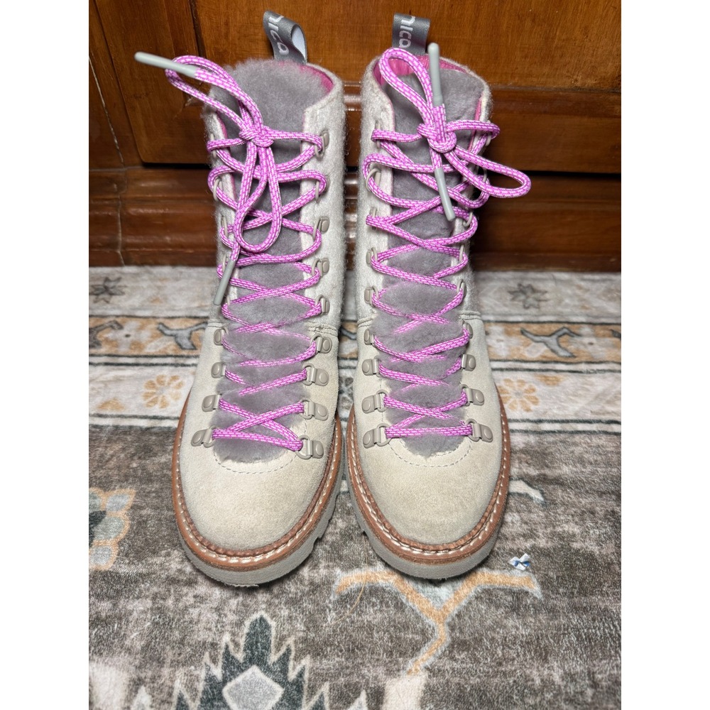 Bionica Womens Hiking‎ Boots Cream Suede Felt Pink Laces Fur Trim Size 7